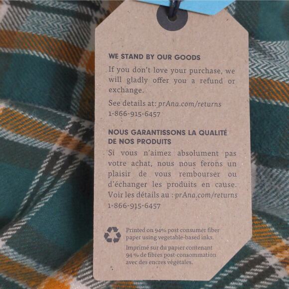 Prana Golden Canyon Flannel Soft Pine Plaid Layer Snaps Pocket Organic M New - Picture 12 of 16